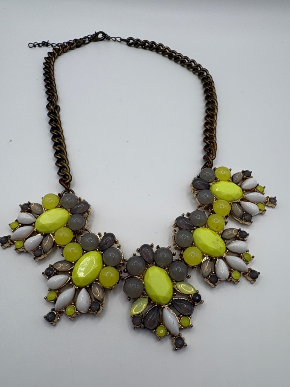J. Crew Neon Yellow, Gray & White Floral Bib Necklace 16-17”
